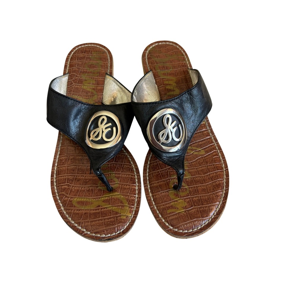 Sam Edelman Ruth Black Leather Cork Wedge Sandals SE Logo Medallion Womens 8M